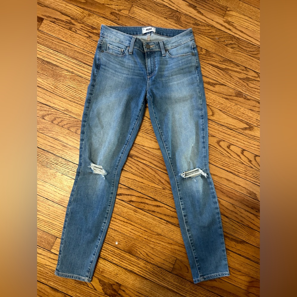 Paige denim jeans, rips in knees, size 28
